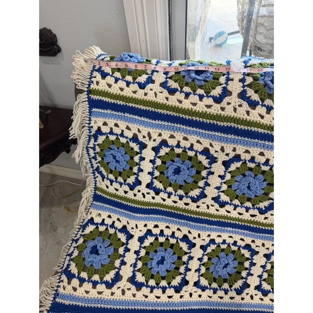Handmade Crochet Afghan‎ Throw Blanket Granny Square Blue Green Ivory Fringe